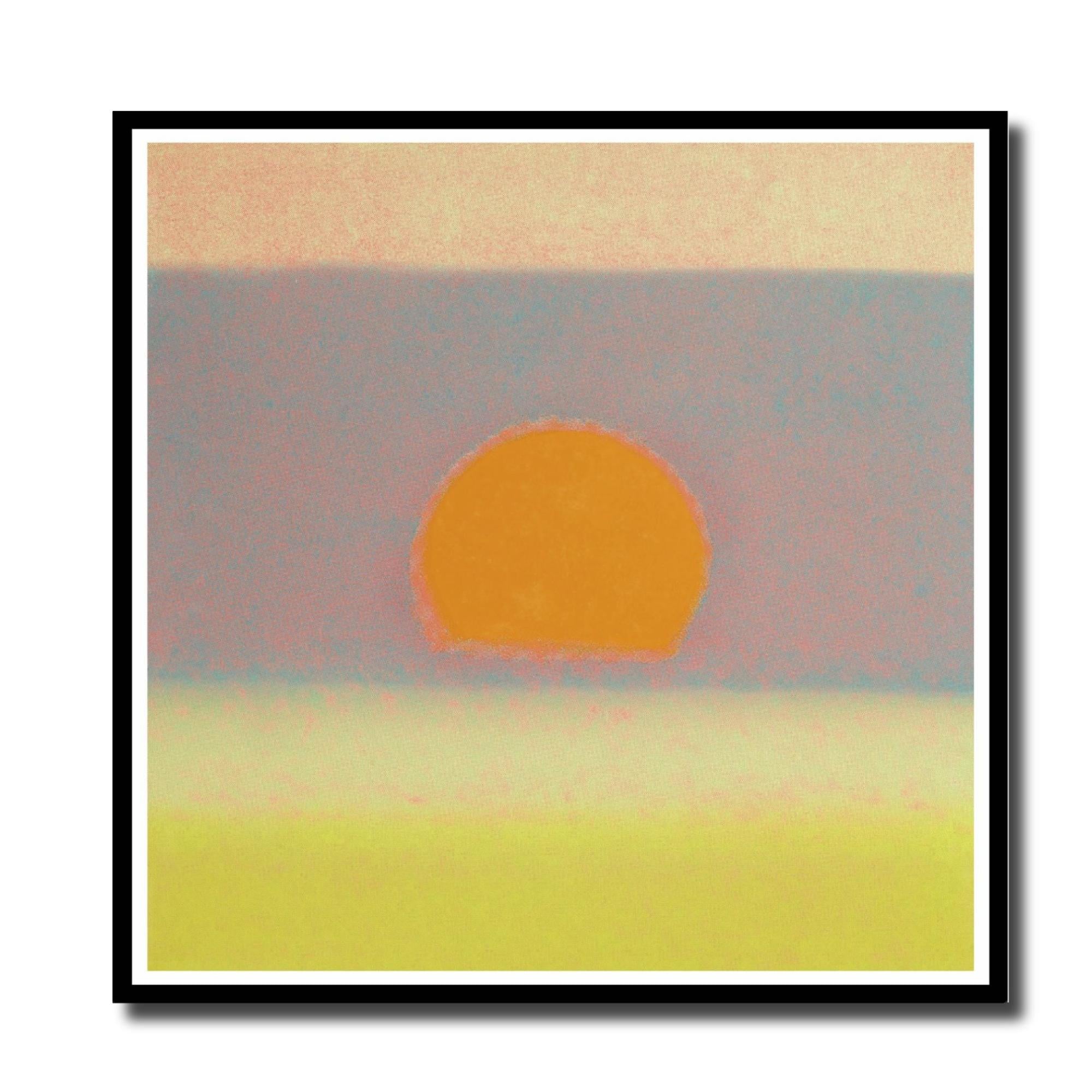 Framed artwork of a stylized sunset with a yellow sun on a pink and blue sky.